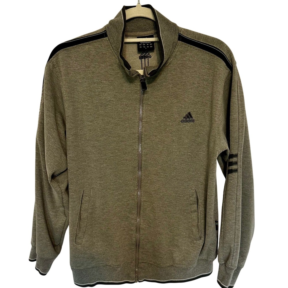 Adidas Mens Full Zip Track Jacket Grey Black Stripe Mock Neck Large